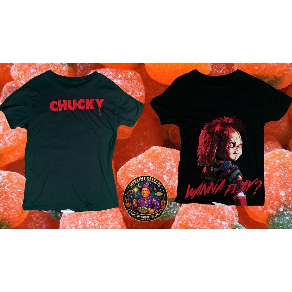 Chucky Child's Play Wanna Play Horror Movie Graphic T-Shirt Mens M Embroidered